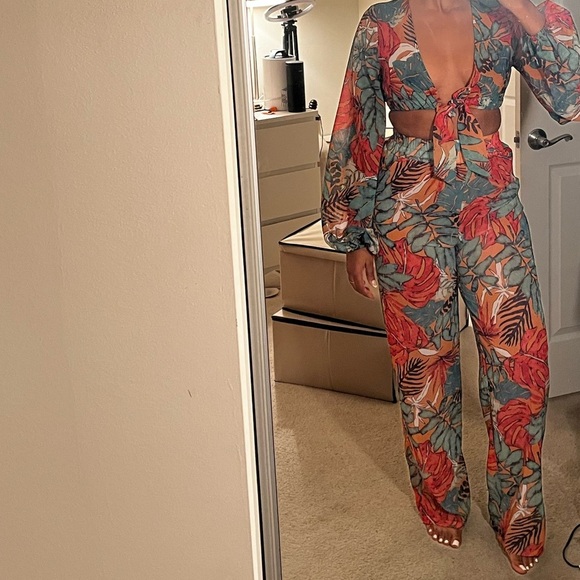 Orange Big Leaf Wide Leg Beach Top and Trousers size 6 - Picture 10 of 12